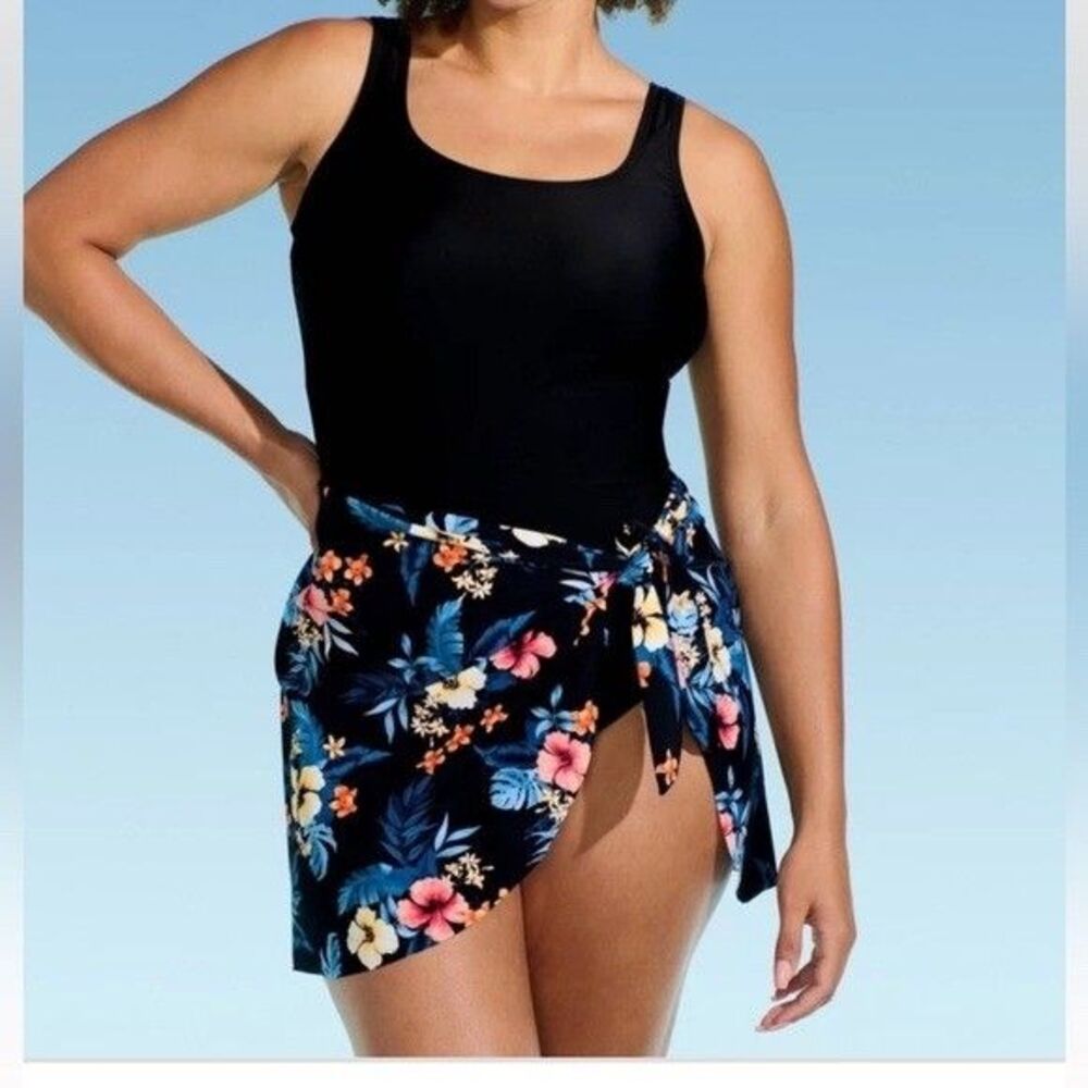 Lands'‎ End Swimdress Black Floral Womens XL 18 Sarong One Piece 551674 NEW